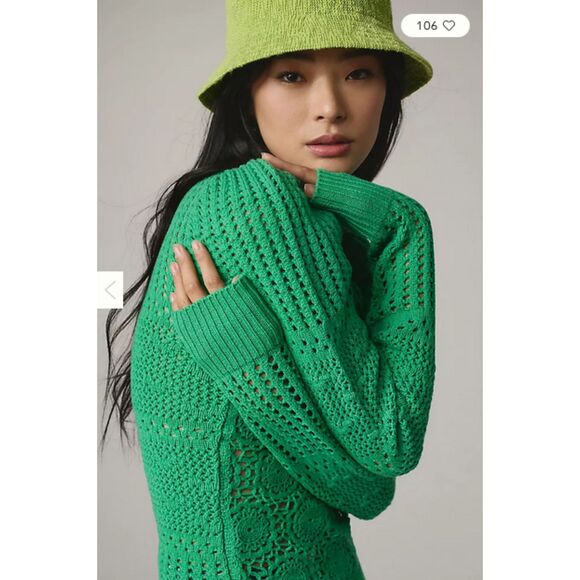 Green Joie Merino Wool Puff-Sleeve Crochet Open-Stitch Crewneck Sweater (NWT) - Picture 3 of 5
